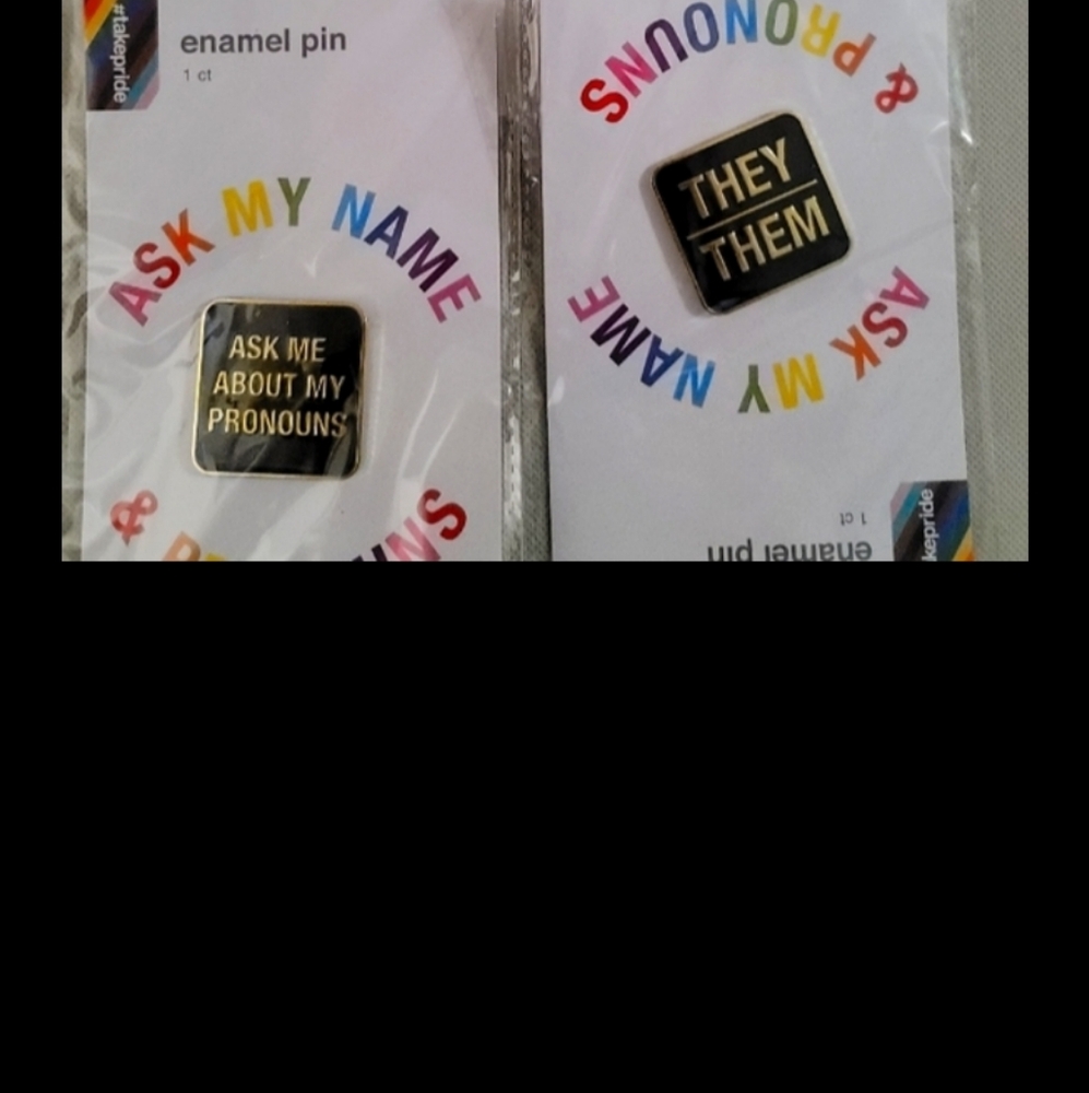 Set of 2 bullseye ask/they/them pronoun buttons